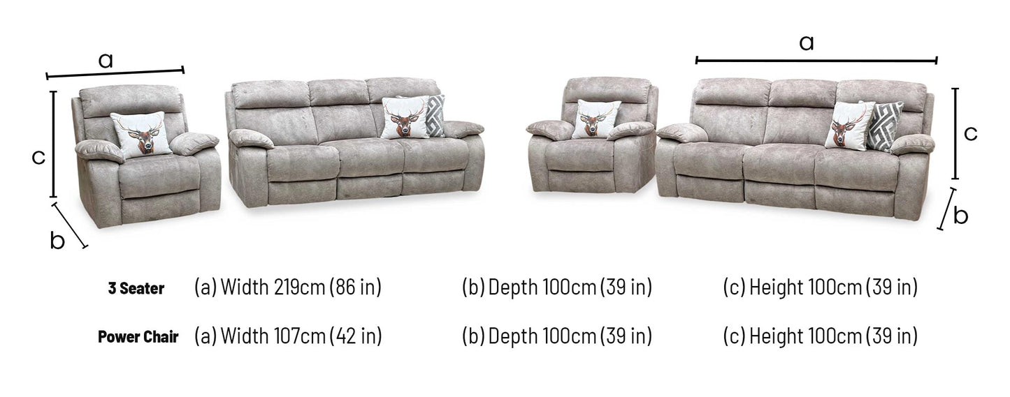 ‘Moreno’ Bfa-Bnn-R29 Mink Fabric 3 Seater Power Recliner Sofa + Power Chair