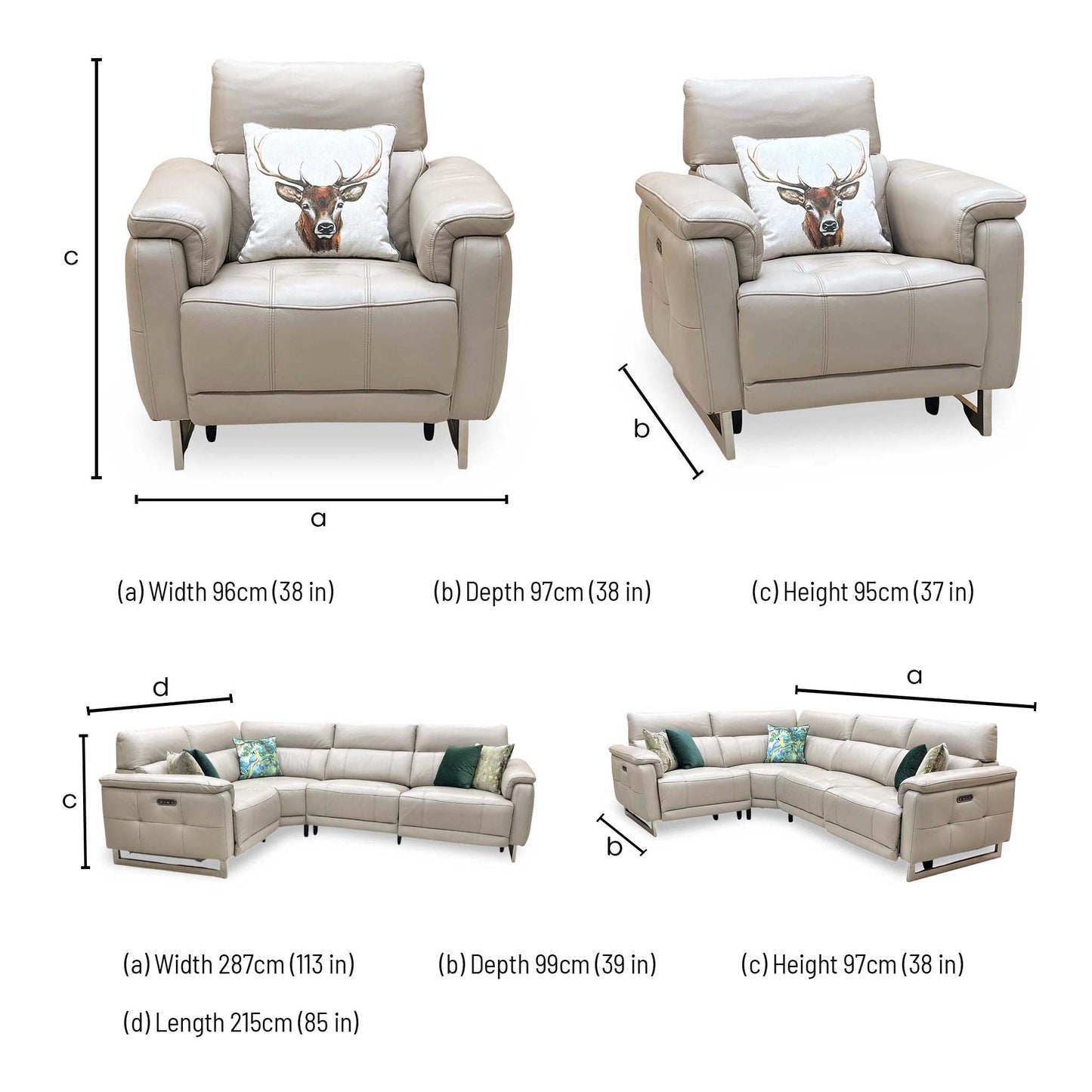 ‘Moet’ Cat-40_08 Oyster Leather Power Recliner Corner Sofa + Chair with Telescopic Headrests Furniture Village