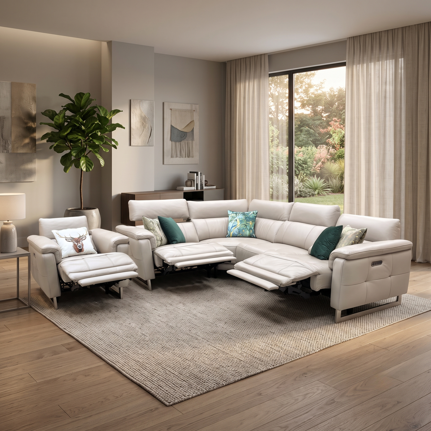 ‘Moet’ Cat-40_08 Oyster Leather Power Recliner Corner Sofa + Chair with Telescopic Headrests Furniture Village