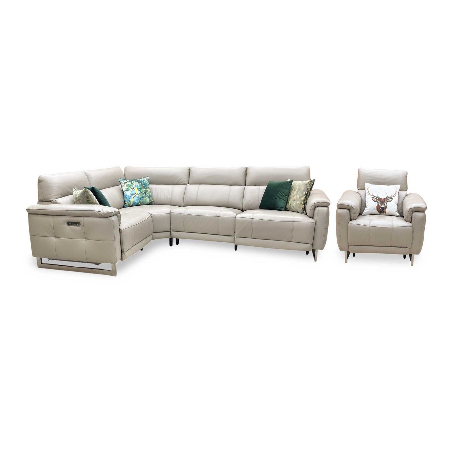‘Moet’ Cat-40_08 Oyster Leather Power Recliner Corner Sofa + Chair with Telescopic Headrests Furniture Village