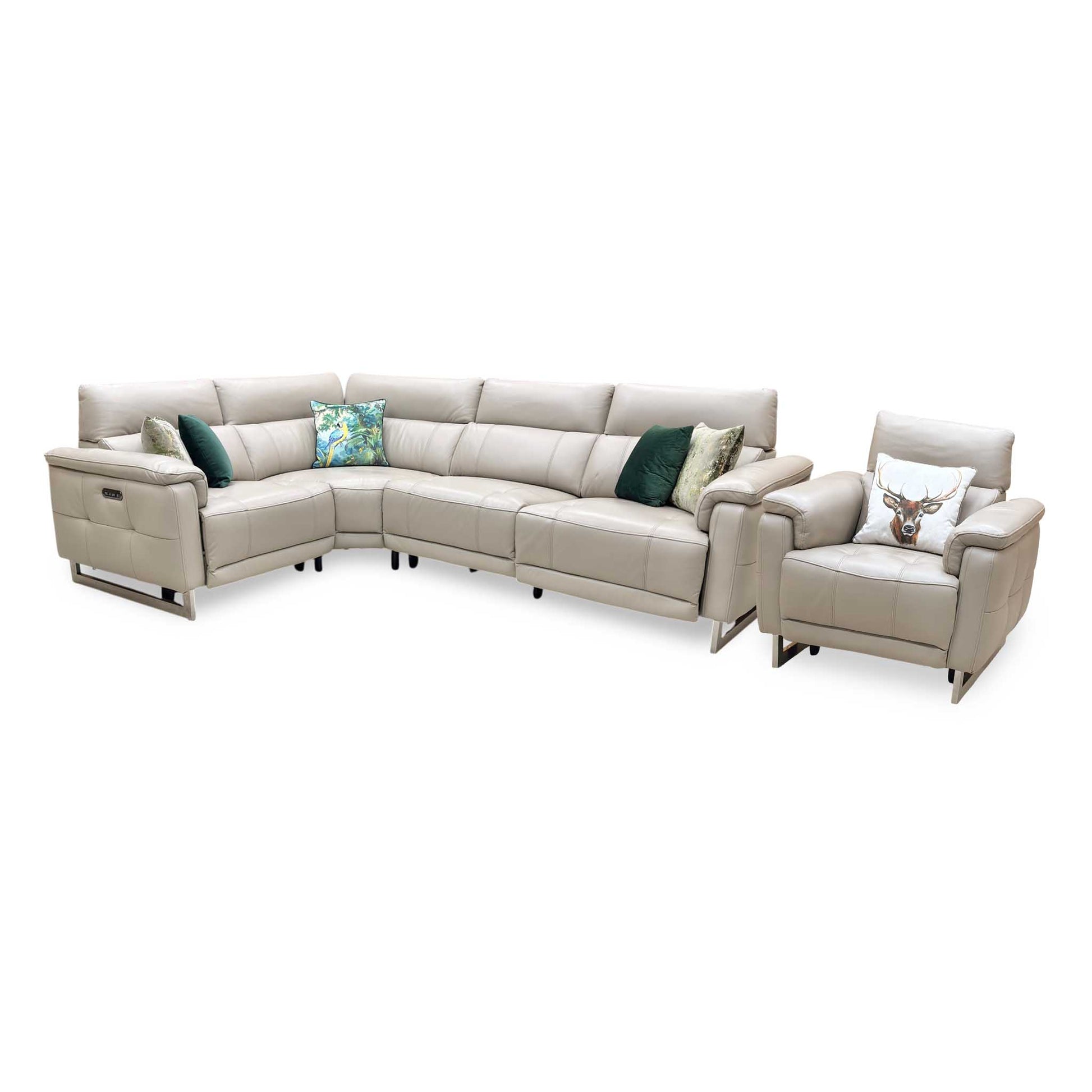 ‘Moet’ Cat-40_08 Oyster Leather Power Recliner Corner Sofa + Chair with Telescopic Headrests Furniture Village