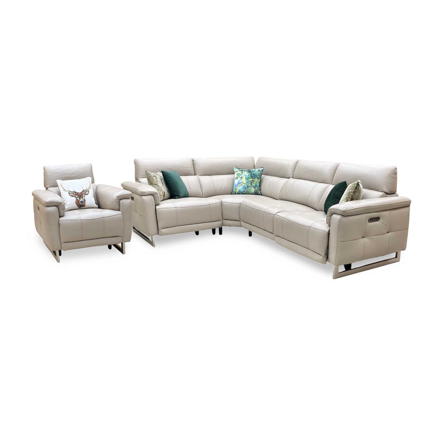 ‘Moet’ Cat-40_08 Oyster Leather Power Recliner Corner Sofa + Chair with Telescopic Headrests Furniture Village