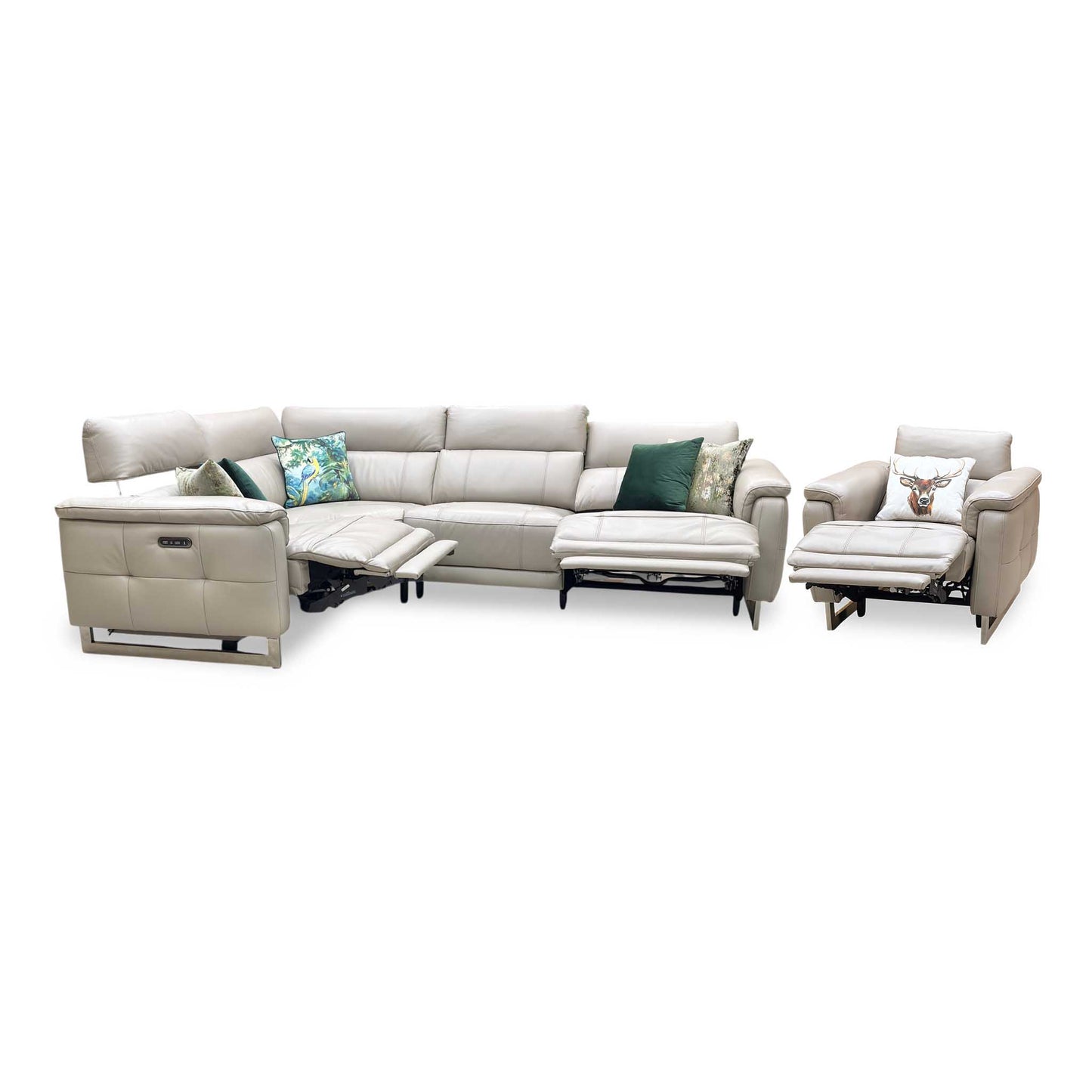 ‘Moet’ Cat-40_08 Oyster Leather Power Recliner Corner Sofa + Chair with Telescopic Headrests Furniture Village