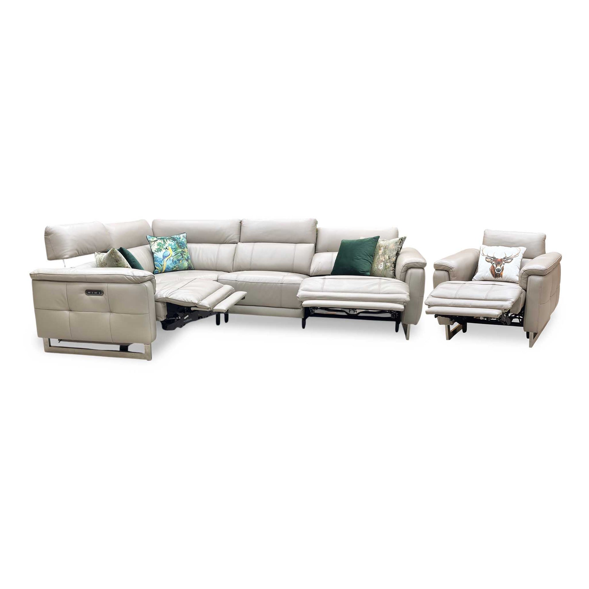 ‘Moet’ Cat-40_08 Oyster Leather Power Recliner Corner Sofa + Chair with Telescopic Headrests Furniture Village