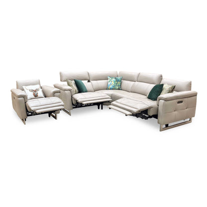 ‘Moet’ Cat-40_08 Oyster Leather Power Recliner Corner Sofa + Chair with Telescopic Headrests Furniture Village