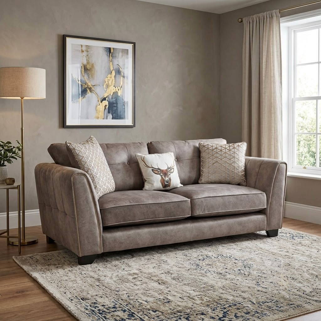 ‘Mariah’ Dapple Chocolate-Tri Brass Insert Fabric 3 Seater Classic Back Sofa