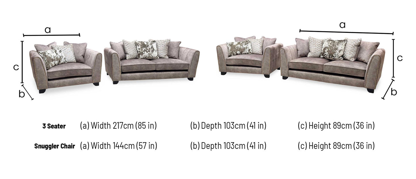 'Mariah' Dapple Chocolate-Tri Brass Insert Fabric 3 Seater Scatter Back Sofa + Snuggler Chair Furniture Village