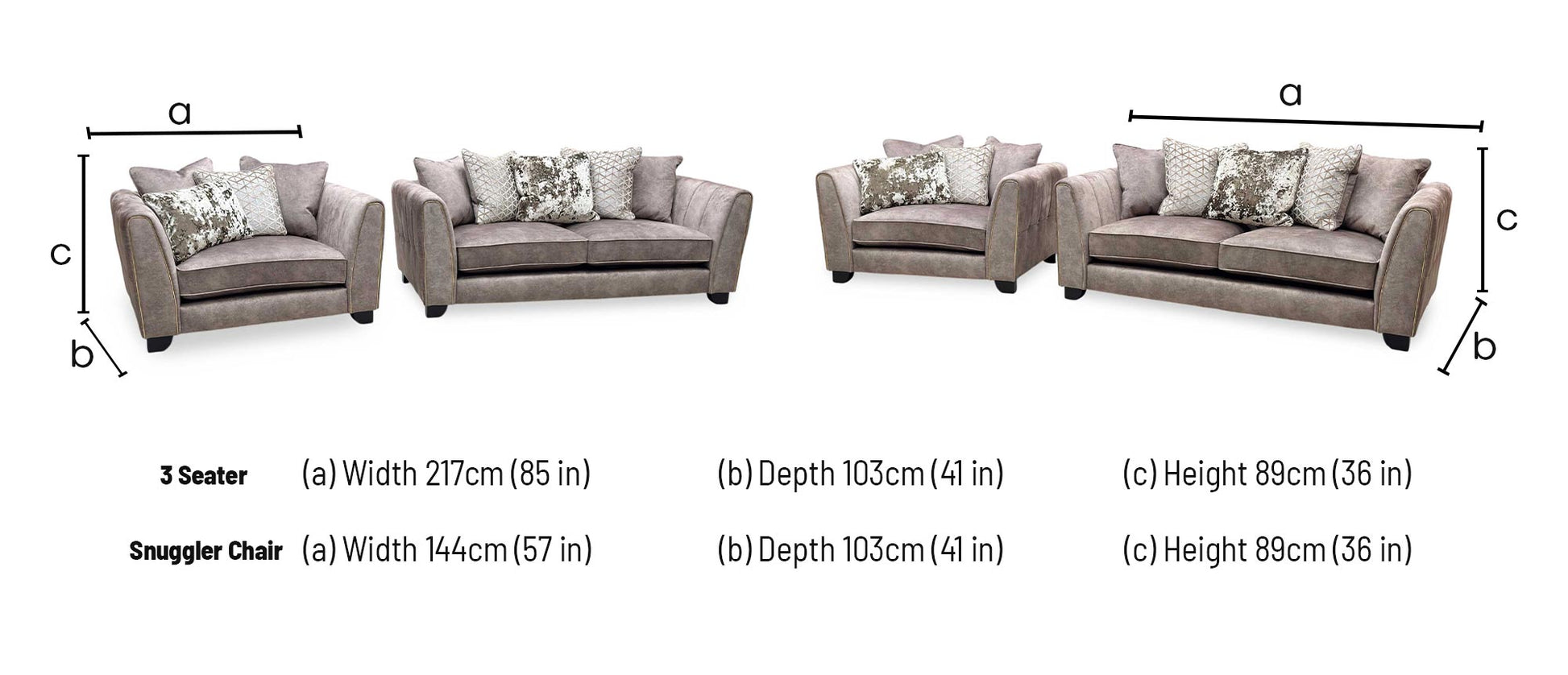 'Mariah' Dapple Chocolate-Tri Brass Insert Fabric 3 Seater Scatter Back Sofa + Snuggler Chair Furniture Village
