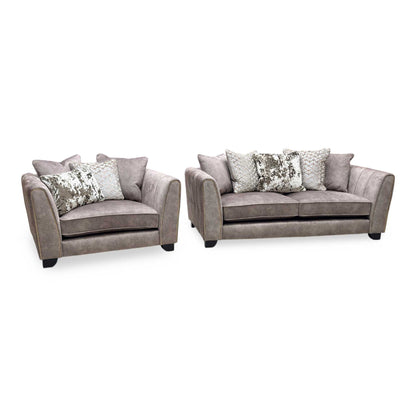 'Mariah' Dapple Chocolate-Tri Brass Insert Fabric 3 Seater Scatter Back Sofa + Snuggler Chair Furniture Village