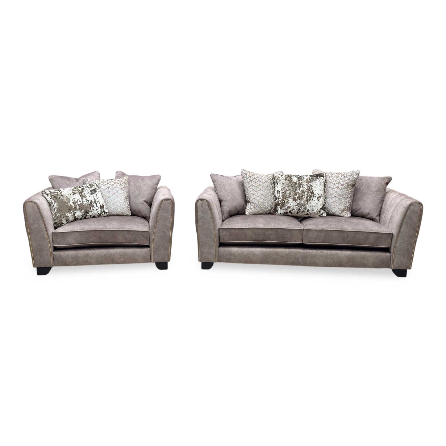 'Mariah' Dapple Chocolate-Tri Brass Insert Fabric 3 Seater Scatter Back Sofa + Snuggler Chair Furniture Village