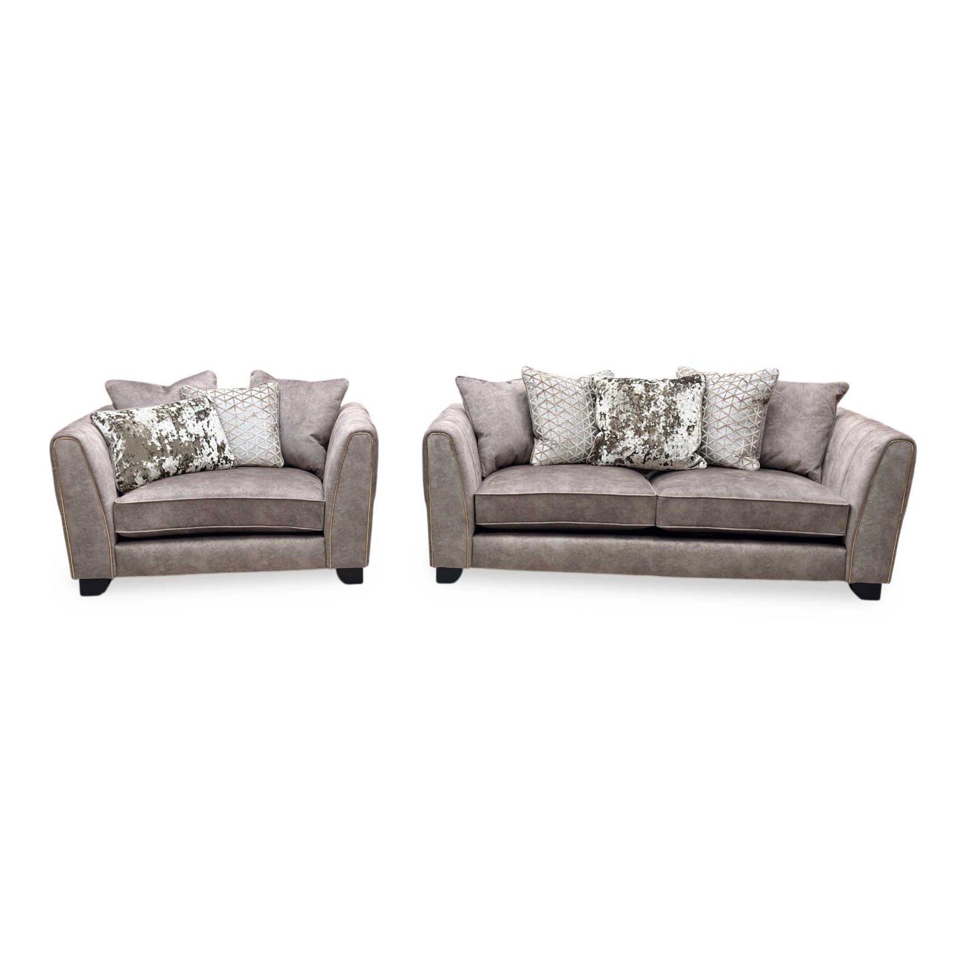 'Mariah' Dapple Chocolate-Tri Brass Insert Fabric 3 Seater Scatter Back Sofa + Snuggler Chair Furniture Village