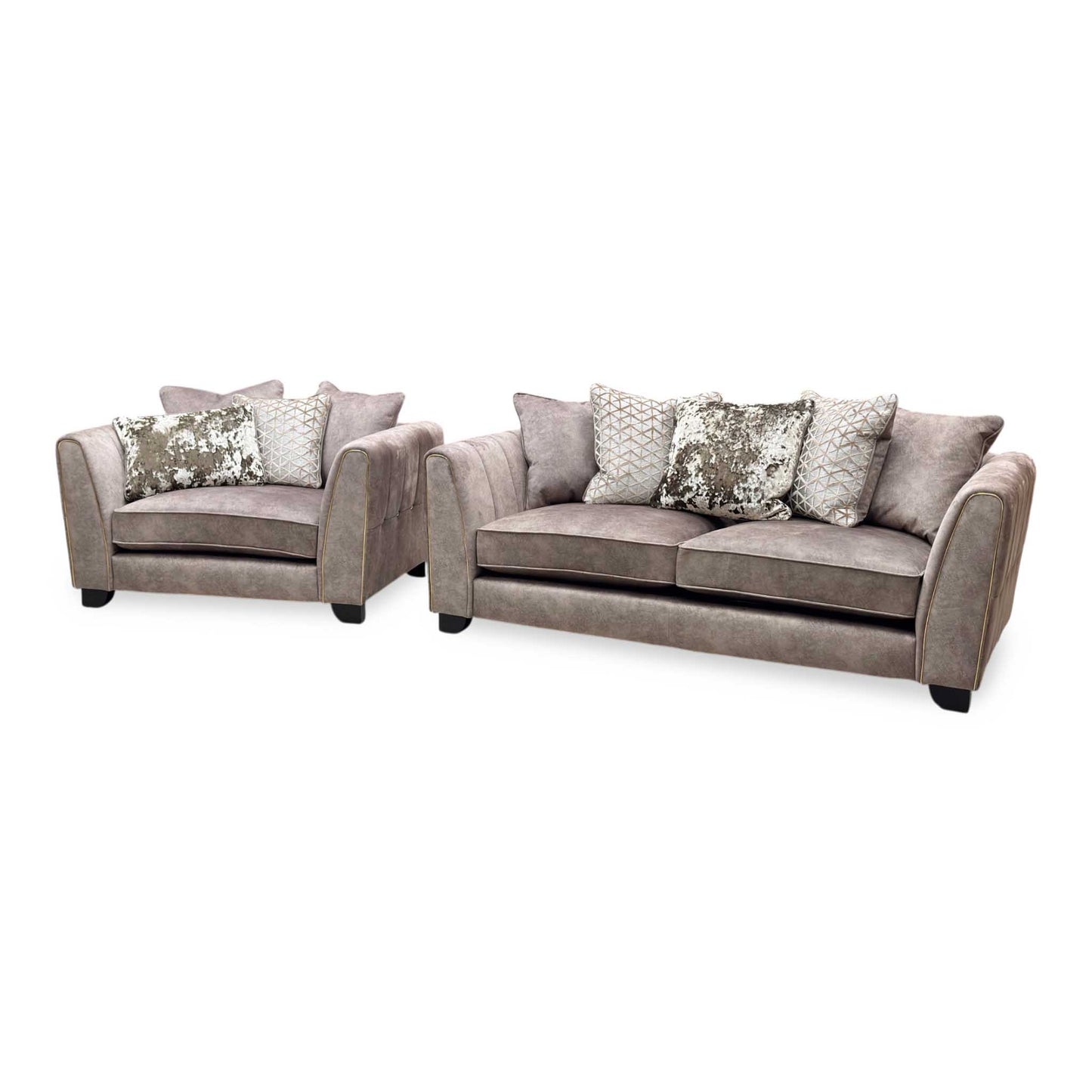 'Mariah' Dapple Chocolate-Tri Brass Insert Fabric 3 Seater Scatter Back Sofa + Snuggler Chair Furniture Village