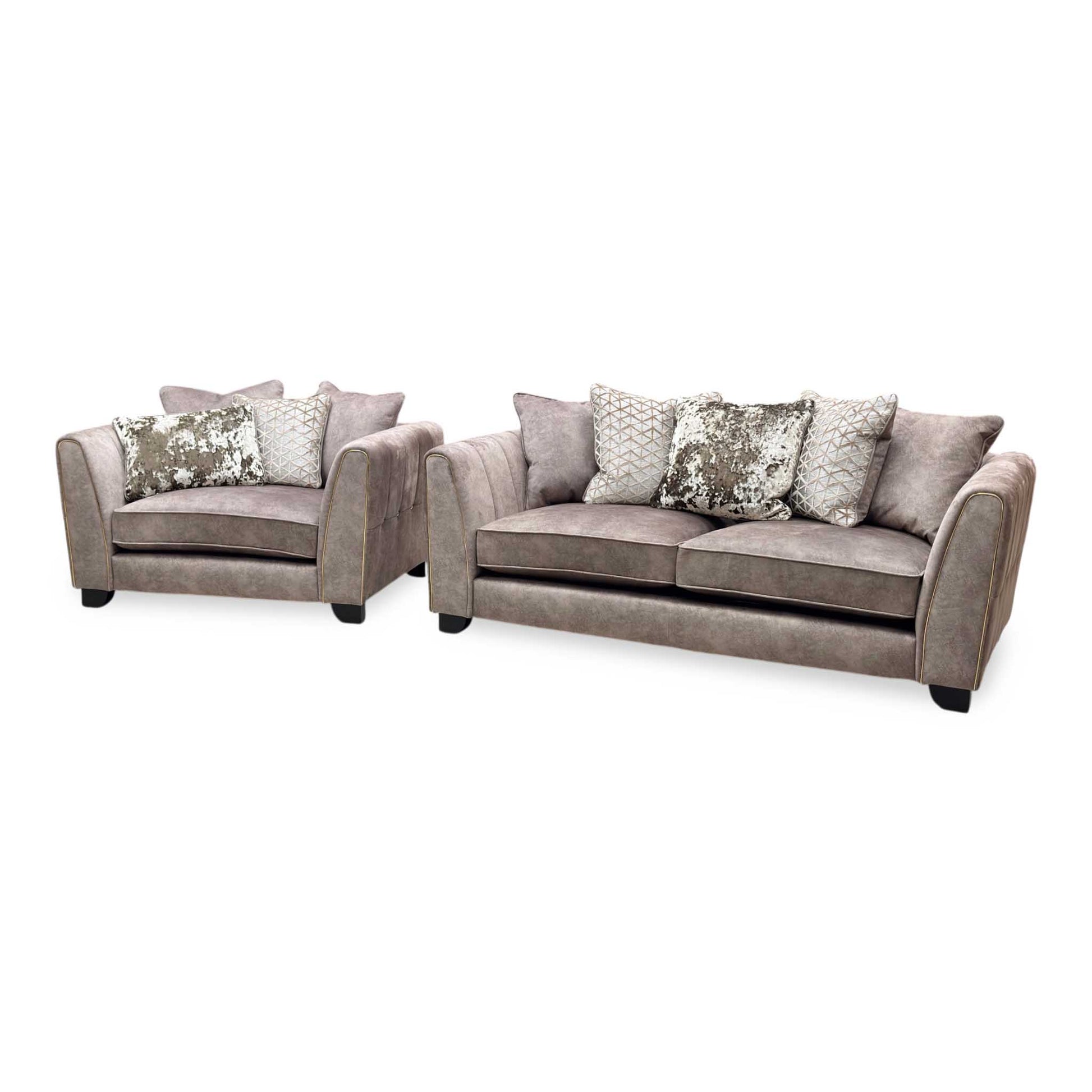 'Mariah' Dapple Chocolate-Tri Brass Insert Fabric 3 Seater Scatter Back Sofa + Snuggler Chair Furniture Village