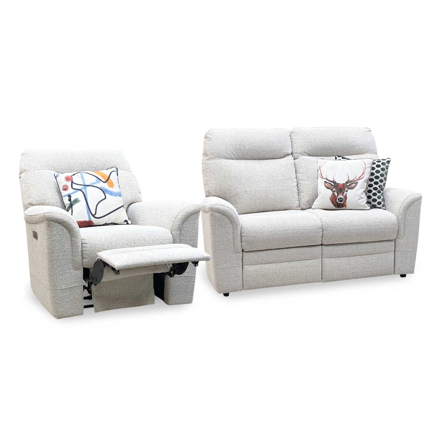 Parker Knoll 'Hudson 23' Caledonian Stone Grey 001300-0055 Fabric 2 Seater Sofa Power Recliner + Chair with Power Headrest and Power Lumbar Furniture Village