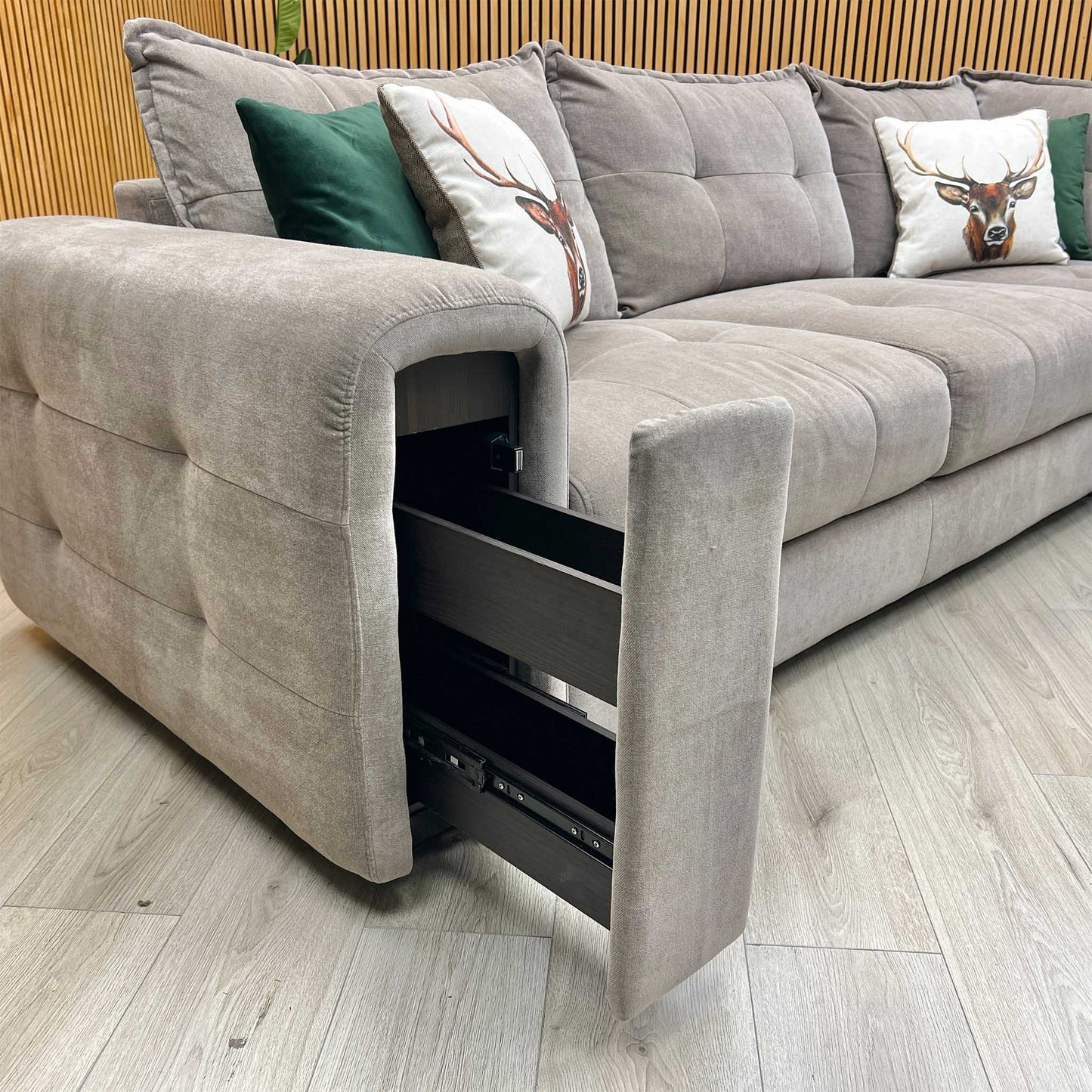 ‘Goliath’ Manhattan Nutmeg 58005 Fabric XL Open End Corner Sofa with Storage Arm
