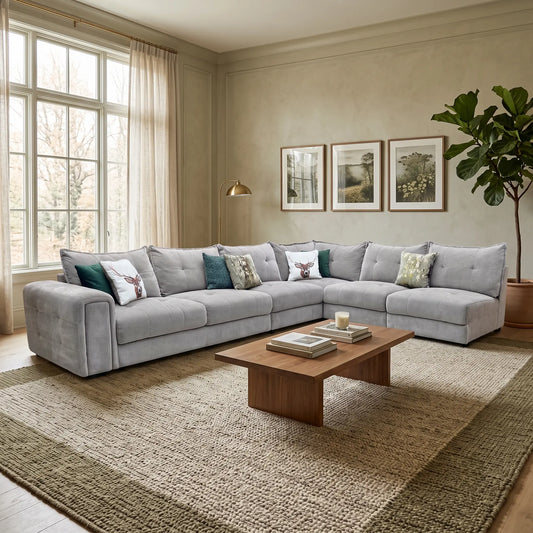 Styled upscale contemporary living room lifestyle layout featuring the Goliath Manhattan Nutmeg fabric XL open end corner sofa arranged as a luxurious, cozy family lounge hub.