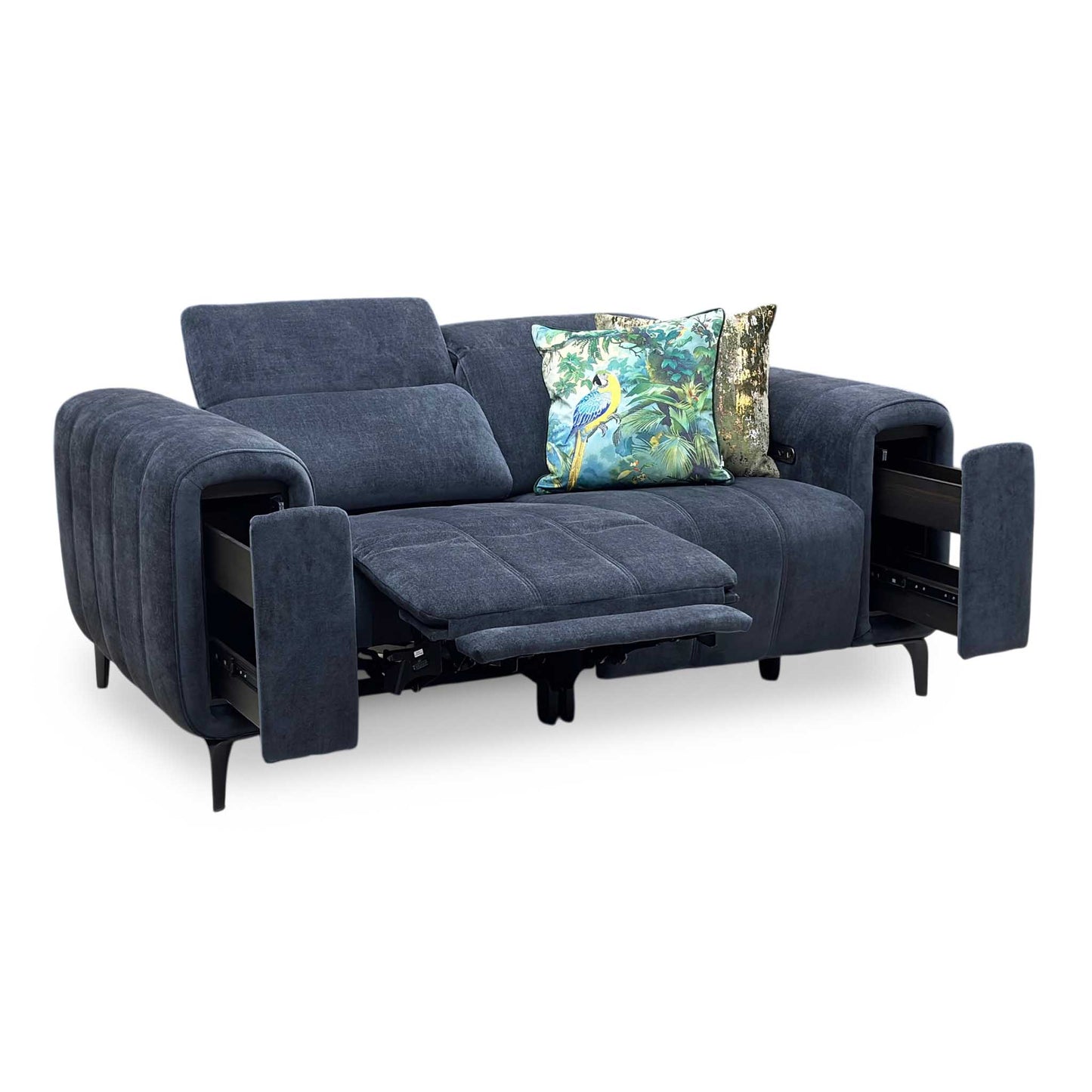 ‘Elphaba’ Manhattan Indigo 58009 Fabric 2 Seater Power Recliner Sofa with Storage Arms Furniture Village