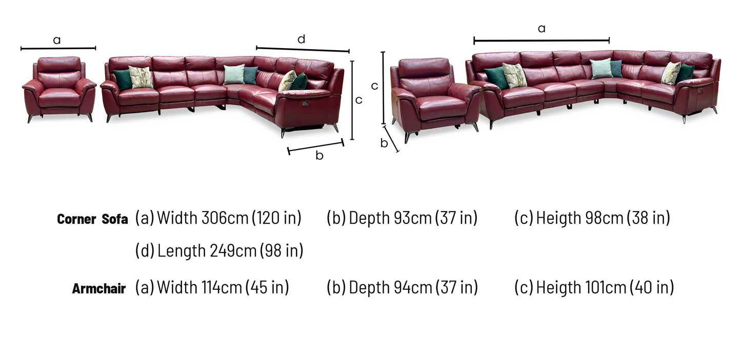 Technical dimensions blueprint and living room space planning floor footprint schematic for the ‘Contempo’ Burgundy Red Leather Double Power Recliner XL Modular Corner Sofa and Chair Set.