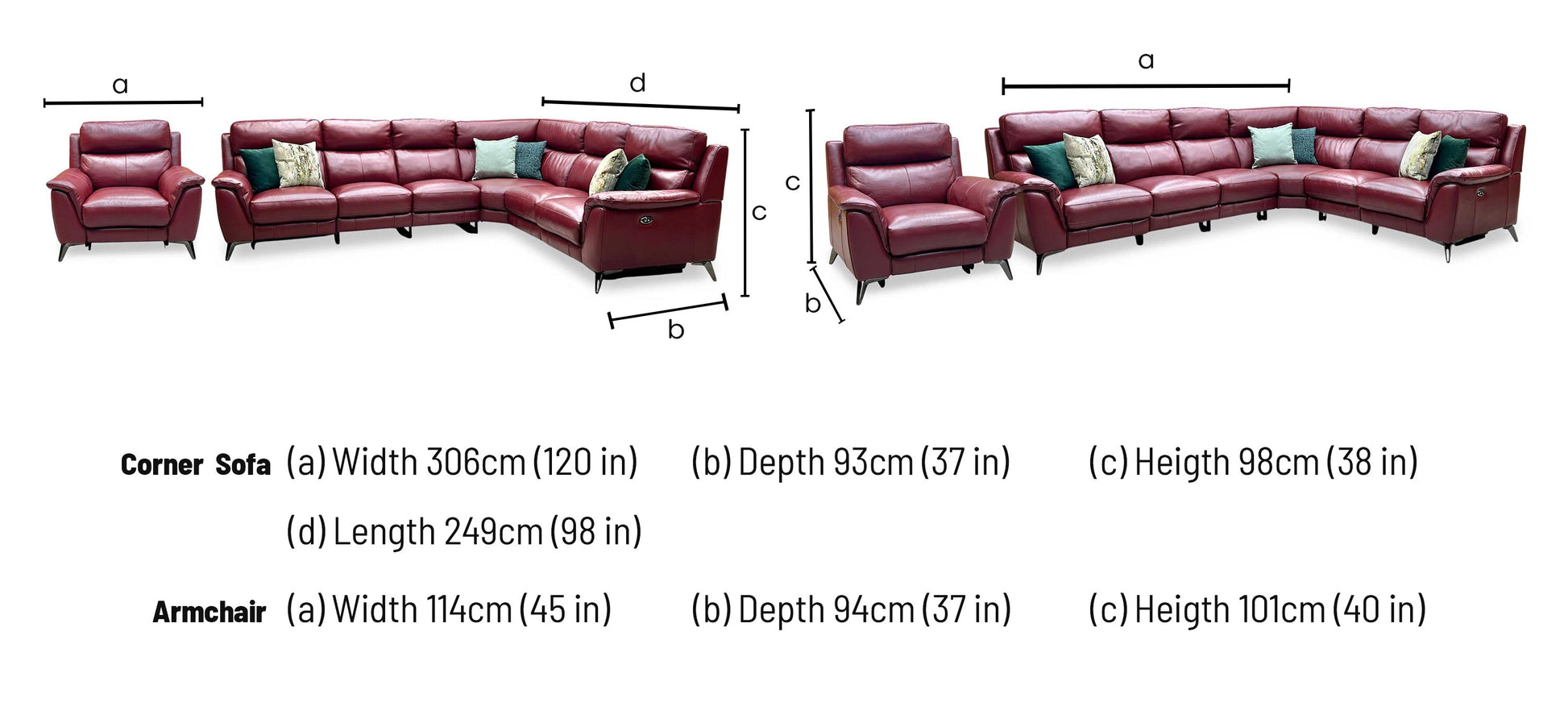 Technical dimensions blueprint and living room space planning floor footprint schematic for the ‘Contempo’ Burgundy Red Leather Double Power Recliner XL Modular Corner Sofa and Chair Set.