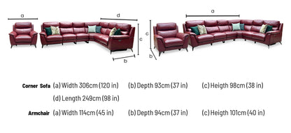 Technical dimensions blueprint and living room space planning floor footprint schematic for the ‘Contempo’ Burgundy Red Leather Double Power Recliner XL Modular Corner Sofa and Chair Set.