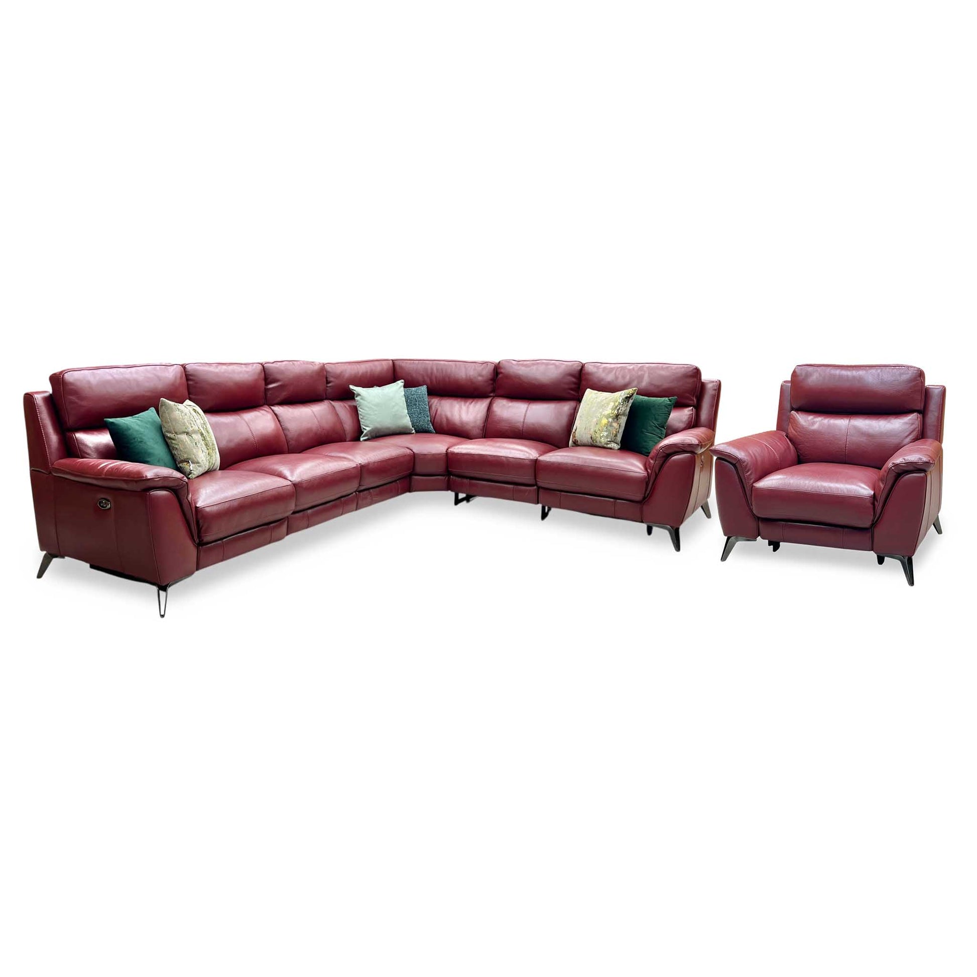 Full View ‘Contempo’ grand-scale modular corner motion suite, featuring an extra-large sectional layout and matching accent armchair, beautifully upholstered in high-grade Burgundy Red pure leather with integrated double power recliners.