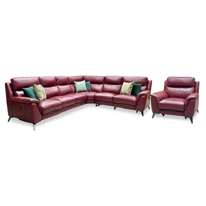 Full View ‘Contempo’ grand-scale modular corner motion suite, featuring an extra-large sectional layout and matching accent armchair, beautifully upholstered in high-grade Burgundy Red pure leather with integrated double power recliners.