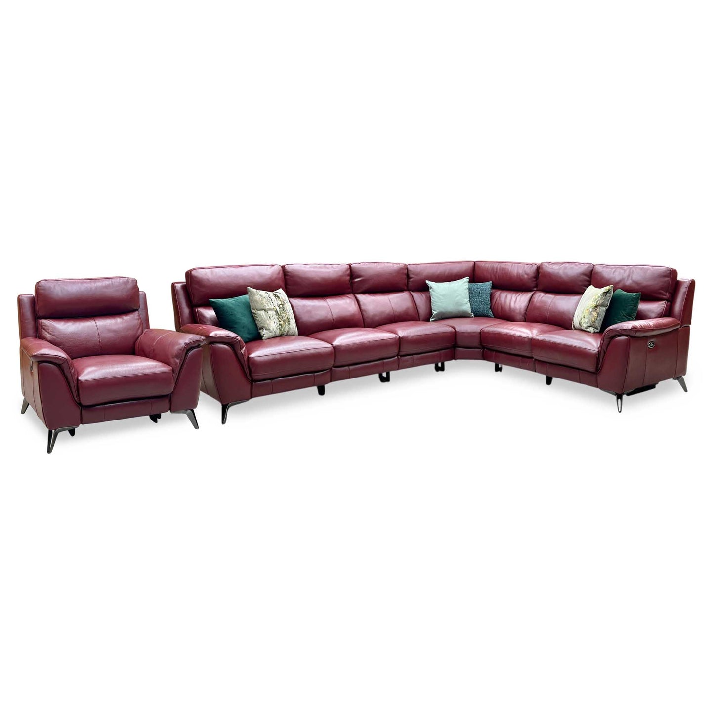 Front-facing individual studio view of the XL modular corner sofa configuration in its stationary position, showcasing its expansive L-shaped footprint, deep multi-seat cushioning, and rich deep-red leather finish.