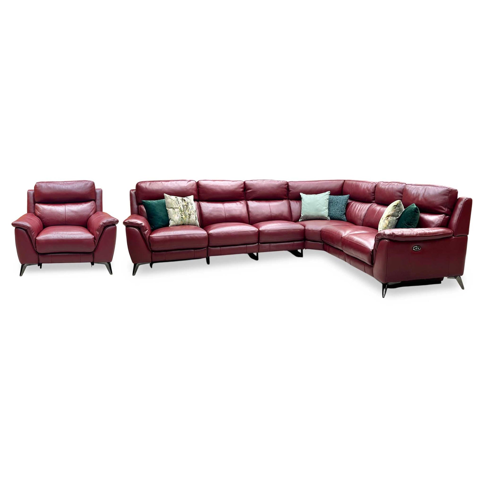 Side perspective profile view of the corner sofa frame with its end power seats fully extended, demonstrating the smooth motorized deployment of the footrests and the relaxed, ergonomic pitch of the back cushions.