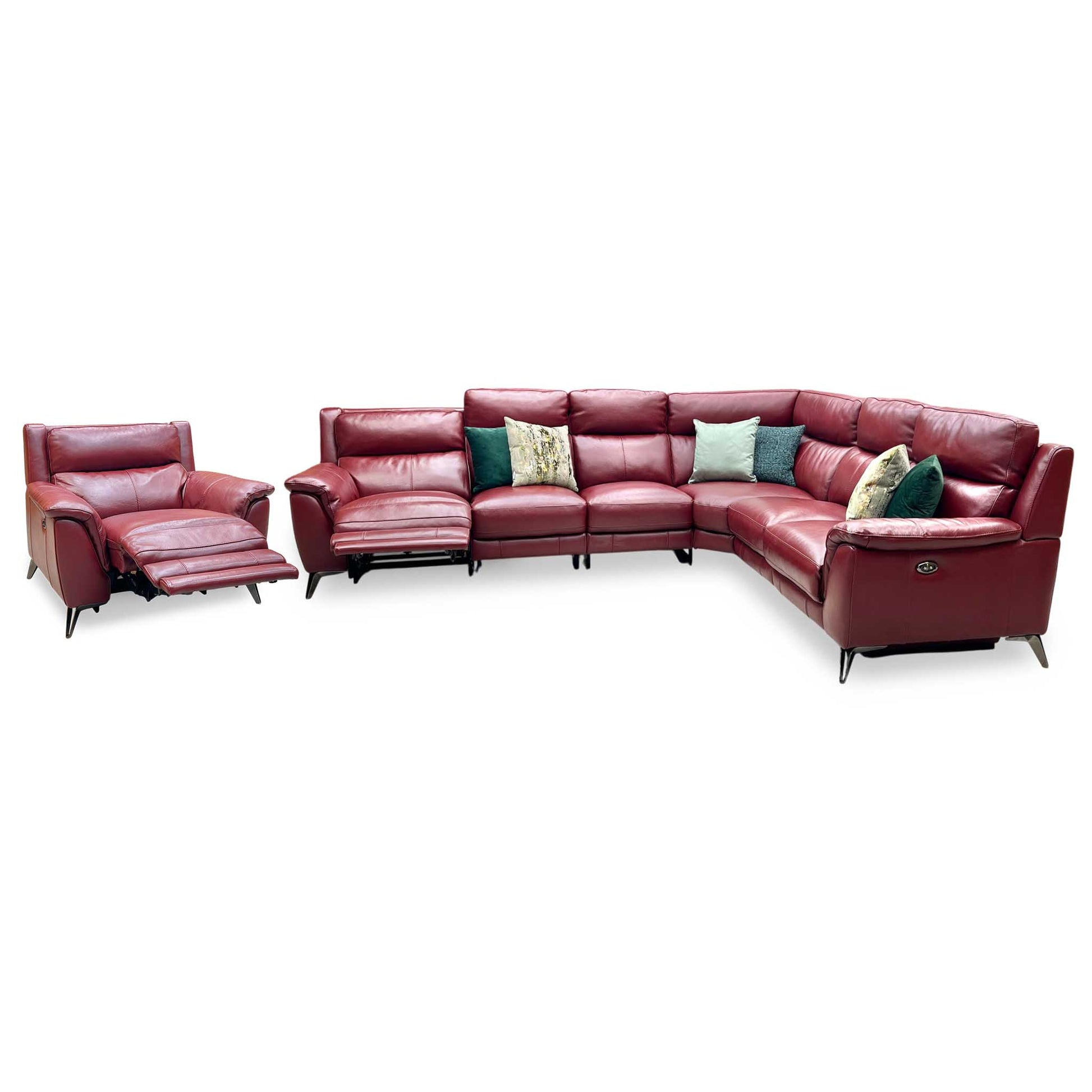 Side perspective profile view of the corner sofa frame with its end power seats fully extended, demonstrating the smooth motorized deployment of the footrests and the relaxed, ergonomic pitch of the back cushions.