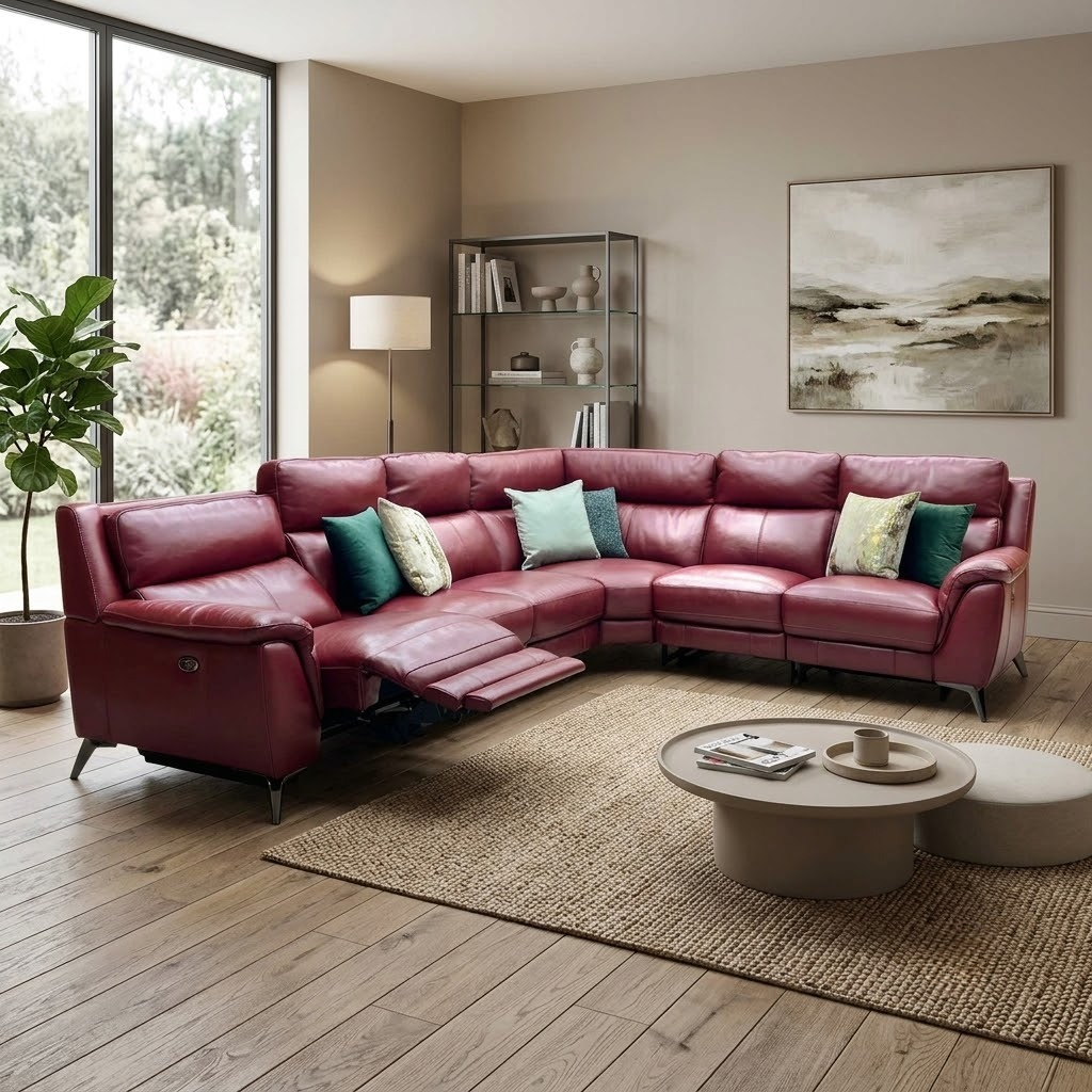 'Contempo' Burgundy Red Leather Double Power Recliner XL Modular Corner Sofa