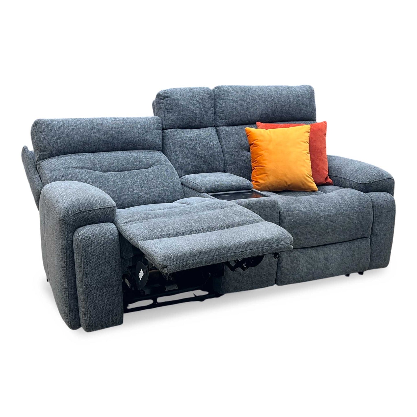 ‘Cinemax’ Charcoal Grey Fabric 2 Seater Media Console Power Recliner Sofa with Power Headrests