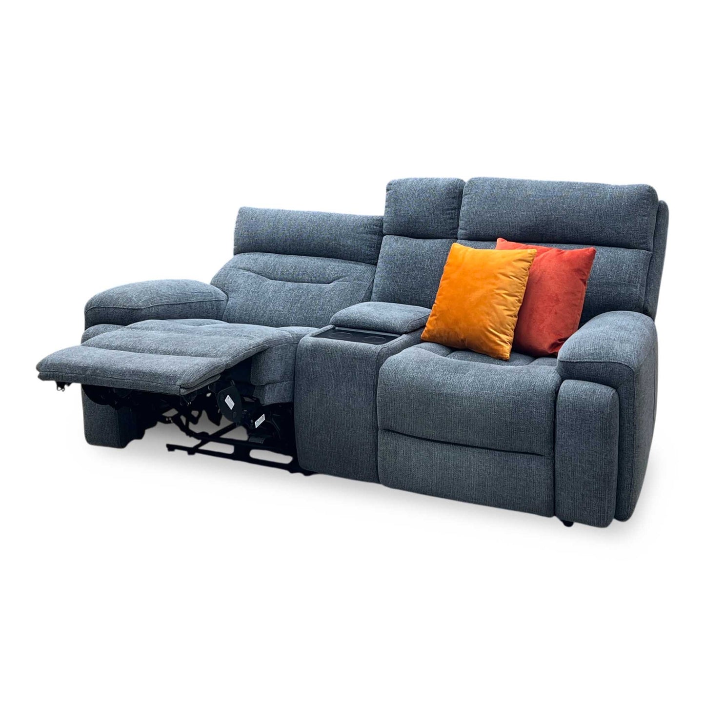 ‘Cinemax’ Charcoal Grey Fabric 2 Seater Media Console Power Recliner Sofa with Power Headrests