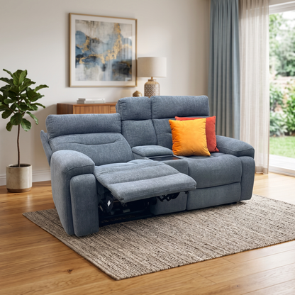 ‘Cinemax’ Charcoal Grey Fabric 2 Seater Media Console Power Recliner Sofa with Power Headrests