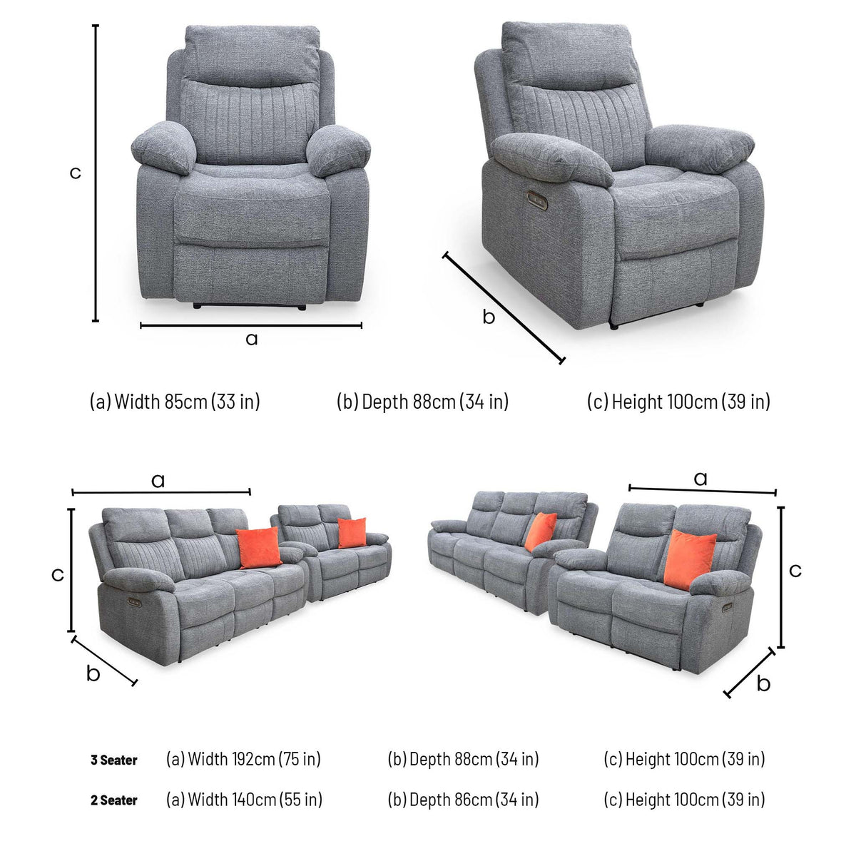 'Brystol' Dark Grey Woven Fabric Set 3 + 2 Seater Power Recliner with Drop Down Cup Holder + Power Chair Sofa Set