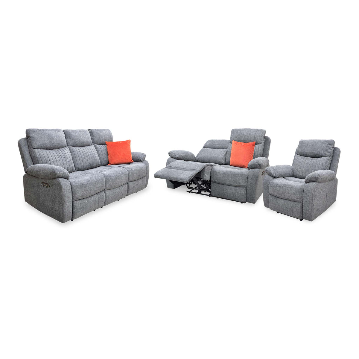 'Brystol' Dark Grey Woven Fabric Set 3 + 2 Seater Power Recliner with Drop Down Cup Holder + Power Chair Sofa Set