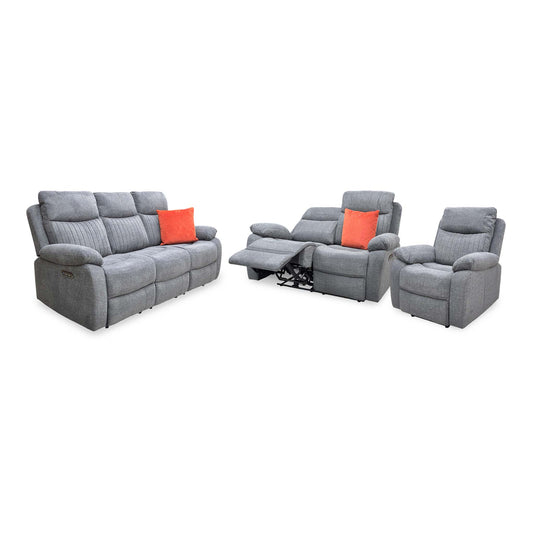 Brystol dark grey woven fabric 3 seater, 2 seater and power chair set, angled view with the 2 seater footrest raised