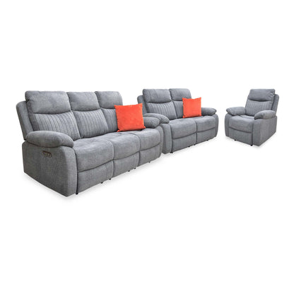 'Brystol' Dark Grey Woven Fabric Set 3 + 2 Seater Power Recliner with Drop Down Cup Holder + Power Chair Sofa Set