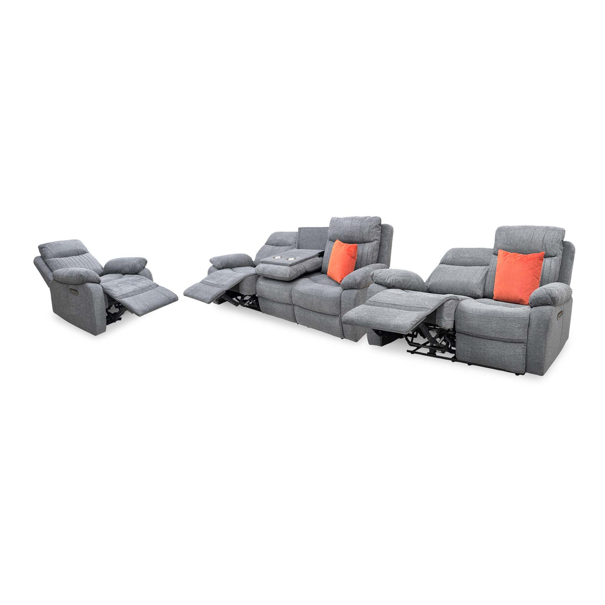 'Brystol' Dark Grey Woven Fabric Set 3 + 2 Seater Power Recliner with Drop Down Cup Holder + Power Chair Sofa Set