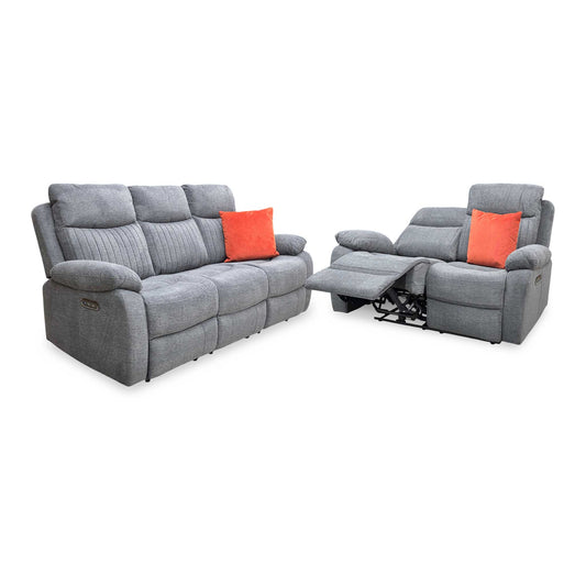 ‘Brystol’ Dark Grey Woven Fabric Set 3 + 2 Seater Power Recliner with Drop Down Cup Holder Sofa Set
