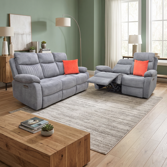 ‘Brystol’ Dark Grey Woven Fabric Set 3 + 2 Seater Power Recliner with Drop Down Cup Holder Sofa Set – view 2