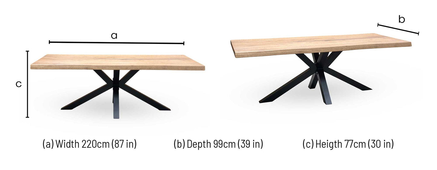 Bodahl 'Terra' 6 Old Bassano Solid Oak Raw Edge 220cm Dining Table with Metal Star Base Furniture Village