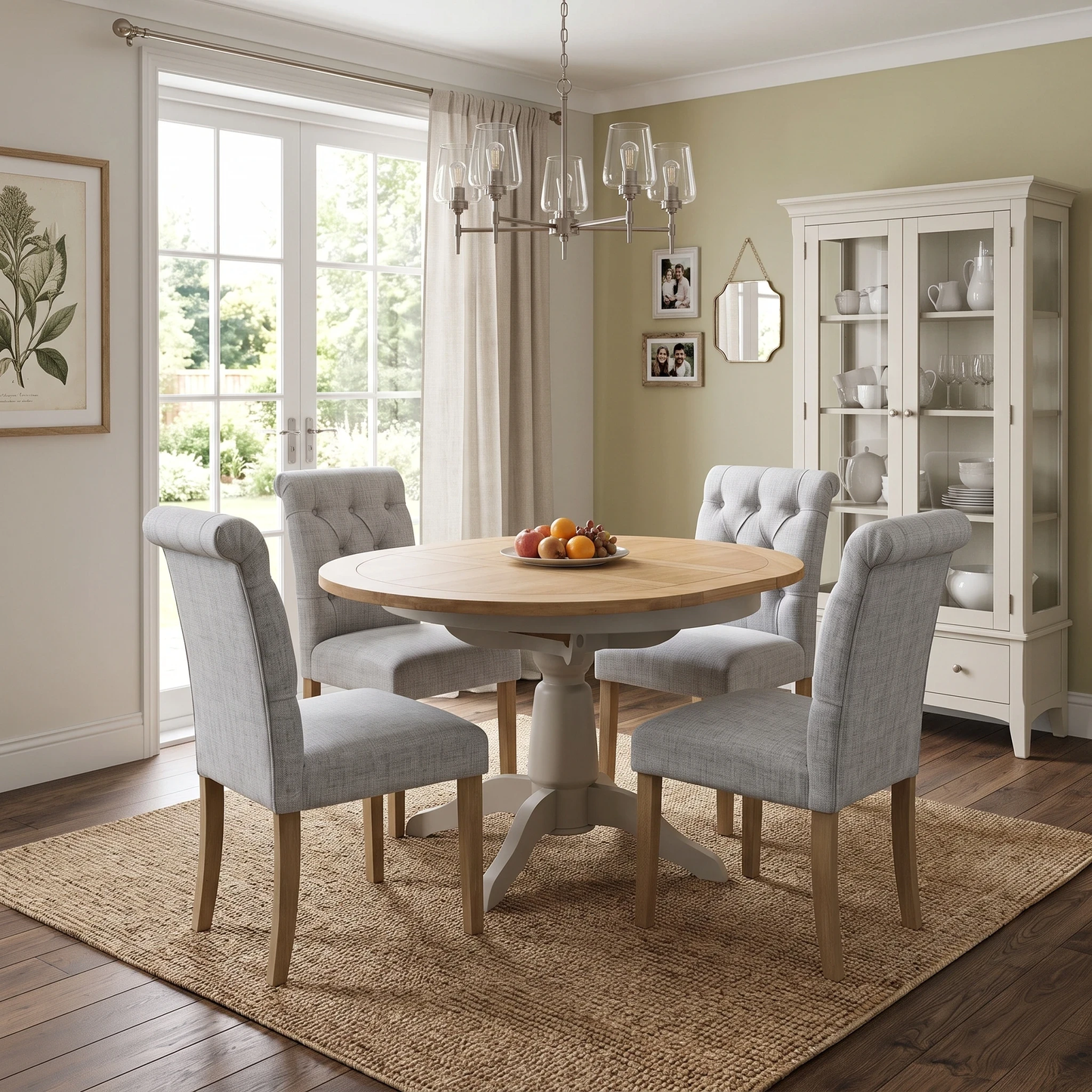 ‘Lewis’ Natural Oak Round Pedestal Butterfly Extending Dining Table with Mist Grey Fabric Button Back Dining Chairs - Set of 4 Furniture Village