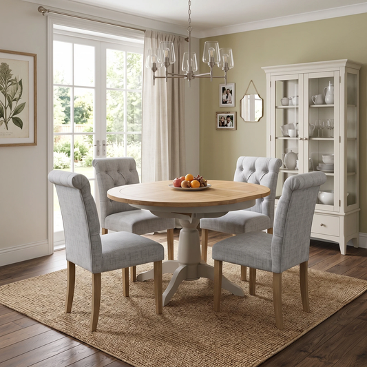 ‘Lewis’ Natural Oak Round Pedestal Butterfly Extending Dining Table with Mist Grey Fabric Button Back Dining Chairs - Set of 4 Furniture Village