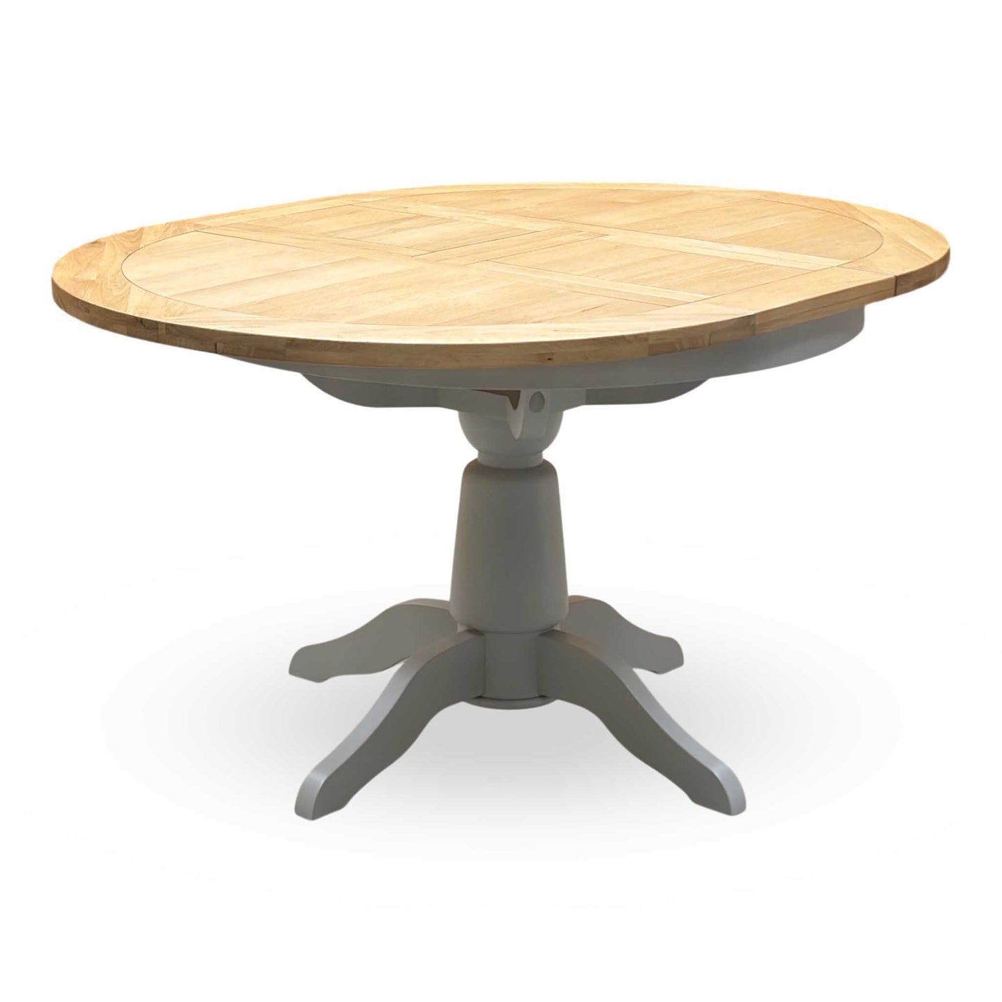 ‘Lewis’ Natural Oak Round Pedestal Butterfly Extending Dining Table with Mist Grey Fabric Button Back Dining Chairs - Set of 4 Furniture Village
