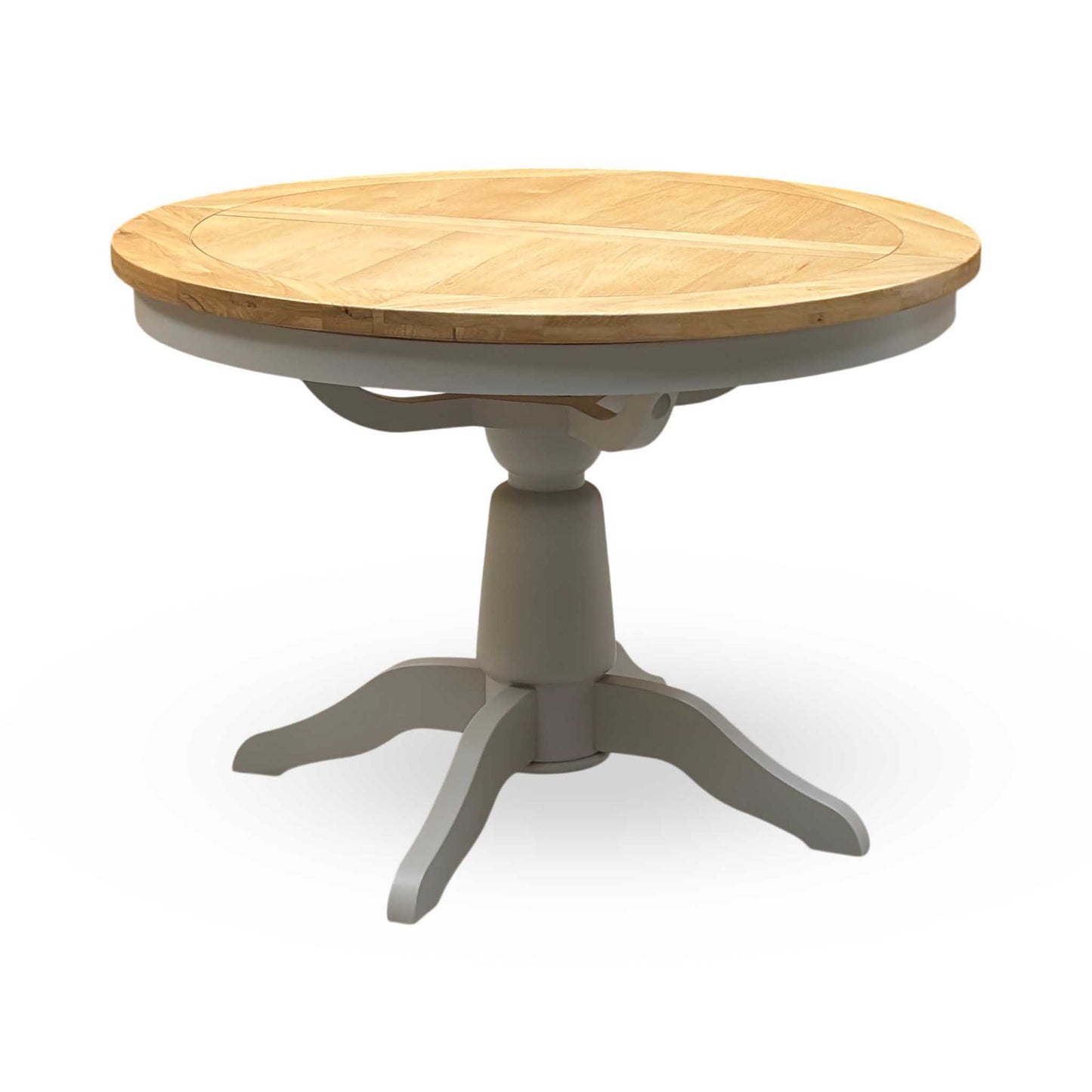‘Lewis’ Natural Oak Round Pedestal Butterfly Extending Dining Table with Mist Grey Fabric Button Back Dining Chairs - Set of 4 Furniture Village