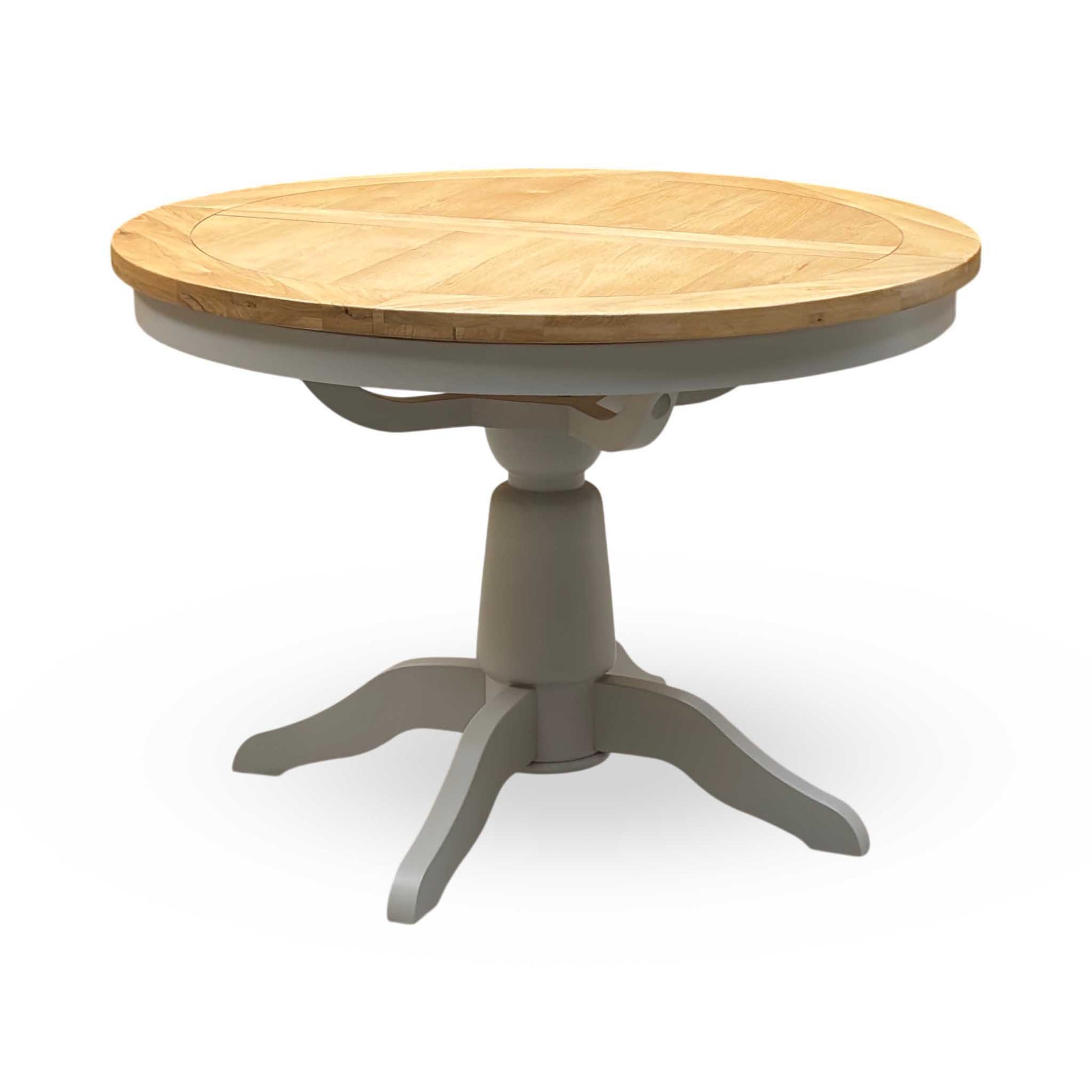 ‘Lewis’ Natural Oak Round Pedestal Butterfly Extending Dining Table with Mist Grey Fabric Button Back Dining Chairs - Set of 4 Furniture Village