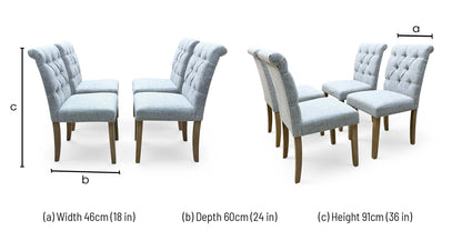 ‘Lewis’ Natural Oak Round Pedestal Butterfly Extending Dining Table with Mist Grey Fabric Button Back Dining Chairs - Set of 4 Furniture Village