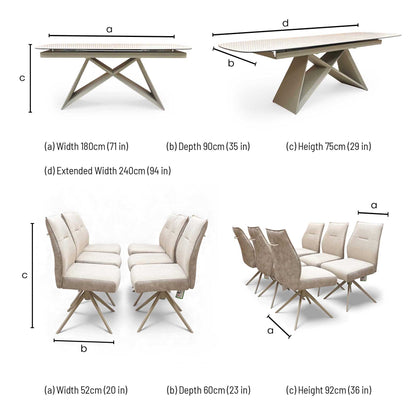 ‘Mirage’ Ceramic Top 180cm Large Pop Up Extending Dining Table with Neutral Fabric Swivel Armless Dining Chairs – view 19