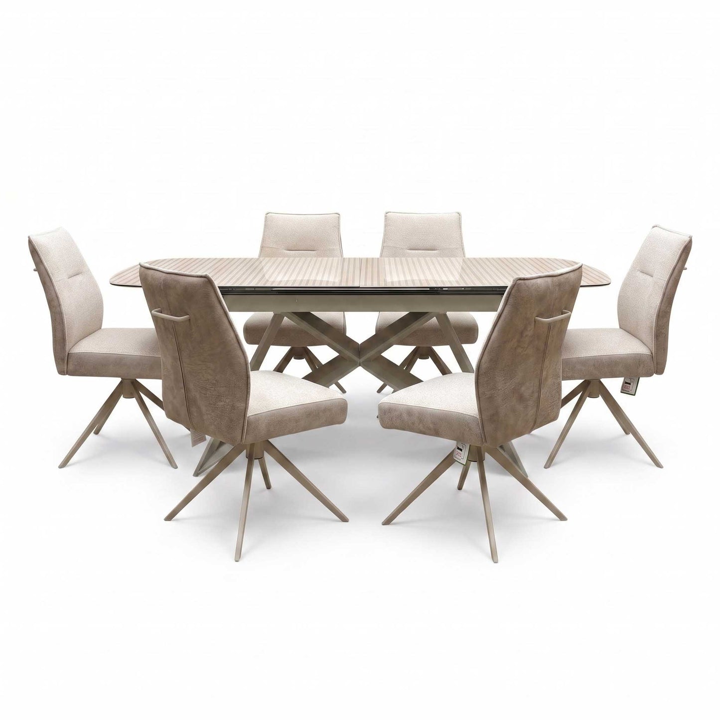 ‘Mirage’ Ceramic Top 180cm Large Pop Up Extending Dining Table with Neutral Fabric Swivel Armless Dining Chairs – view 5