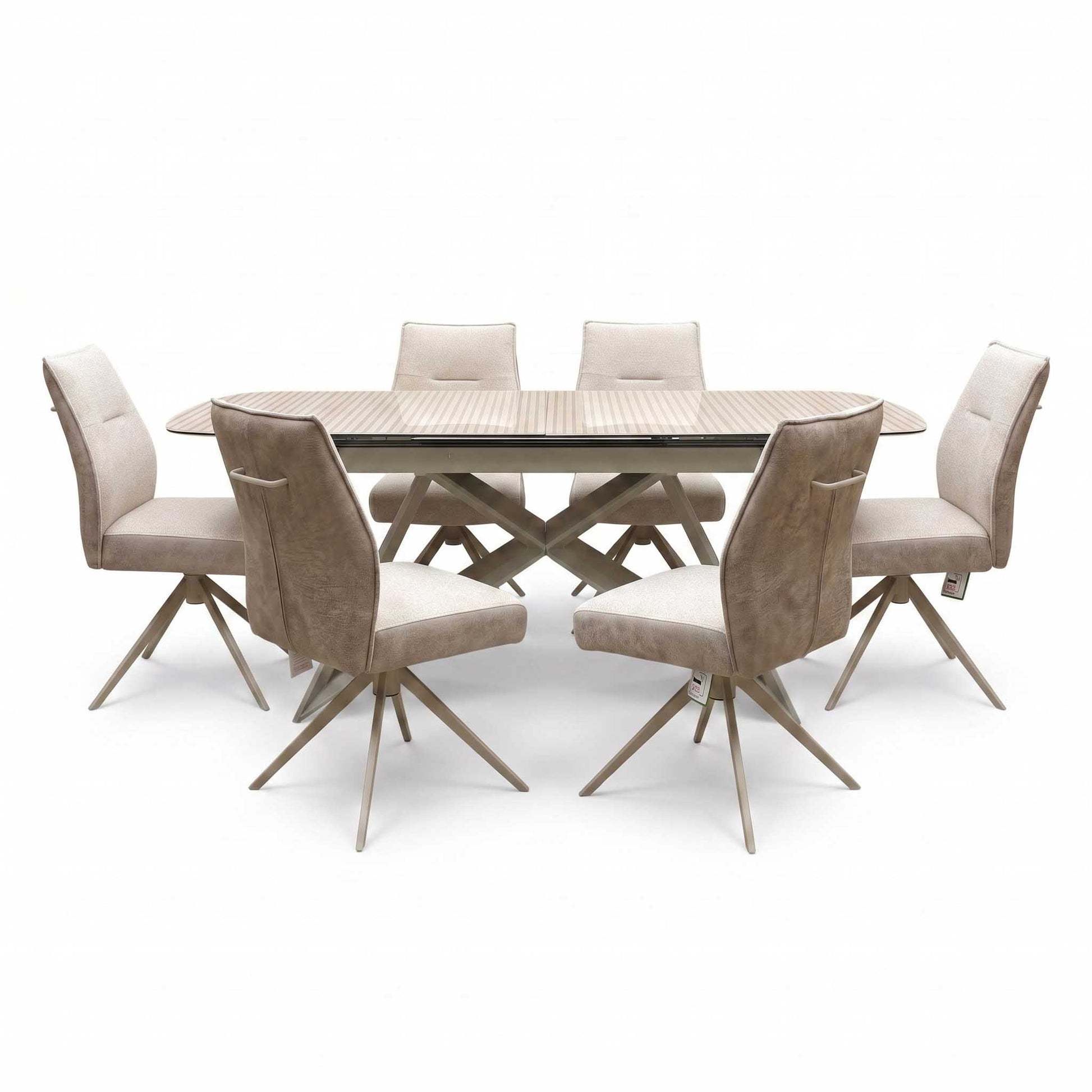 ‘Mirage’ Ceramic Top 180cm Large Pop Up Extending Dining Table with Neutral Fabric Swivel Armless Dining Chairs – view 5